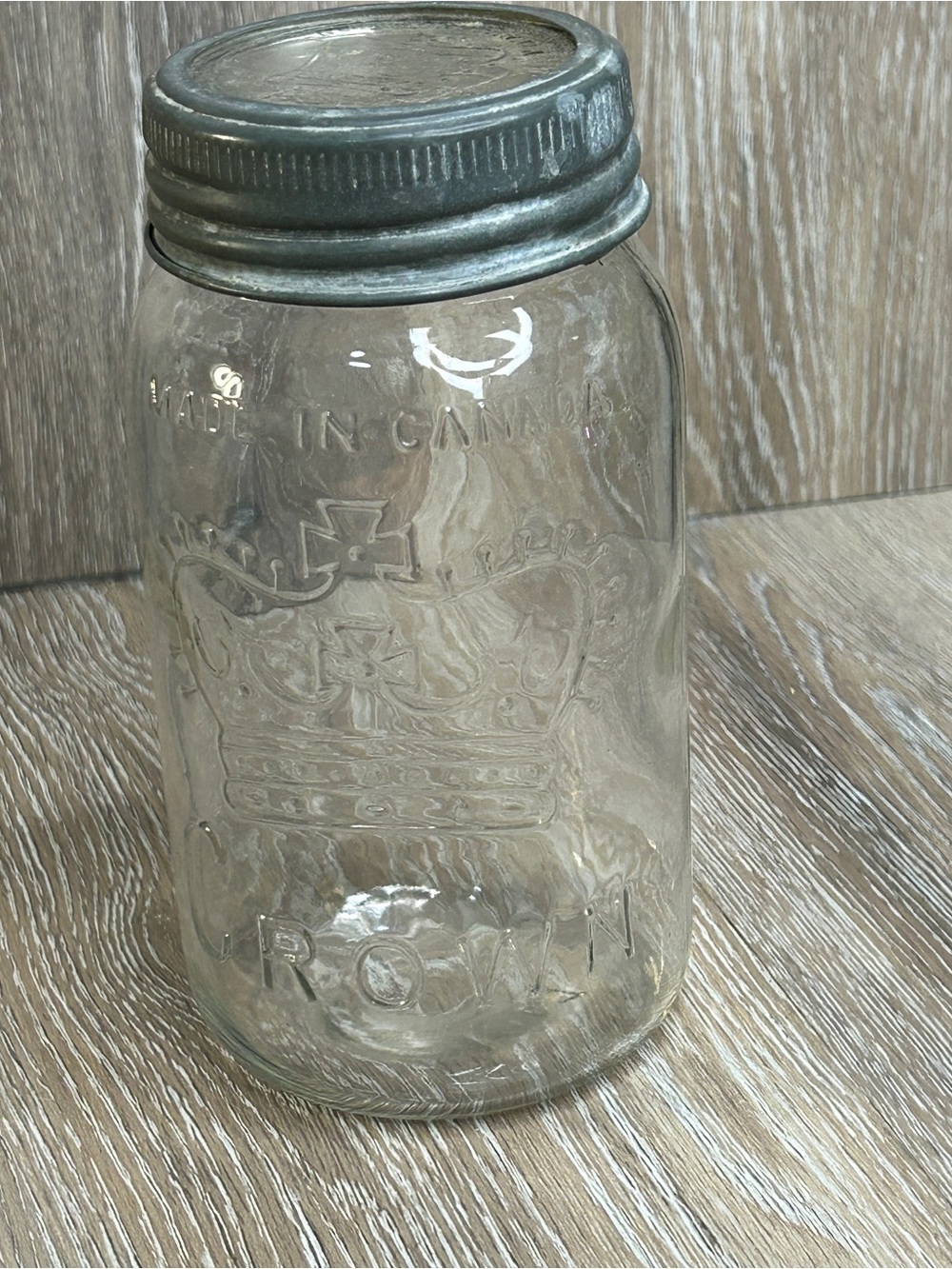 Vintage Crown Mason Jar Made in Canada Zinc Lid Clear Glass 7 Inch Canning